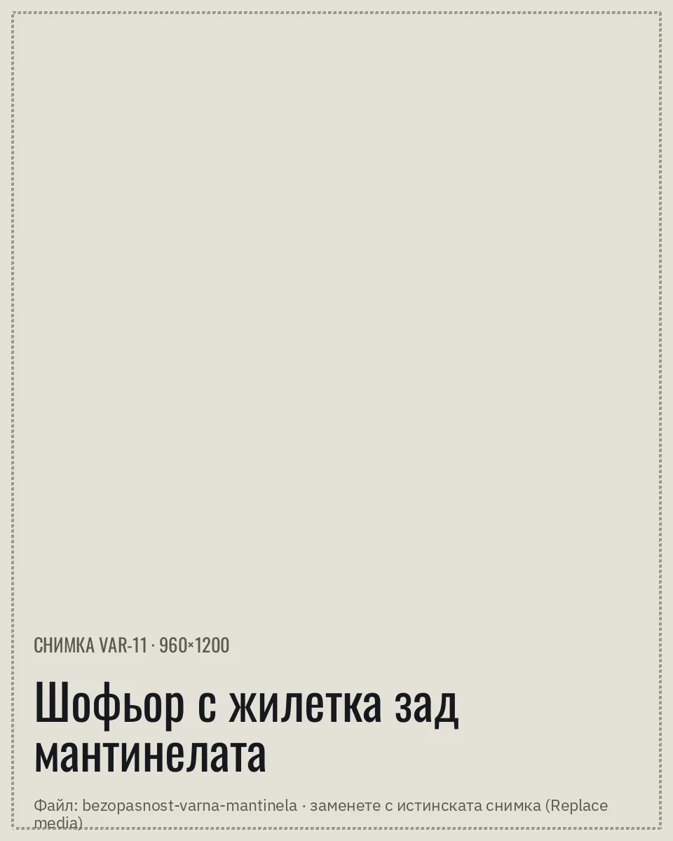 Шофьор със светлоотразителна жилетка чака пътна помощ зад мантинелата